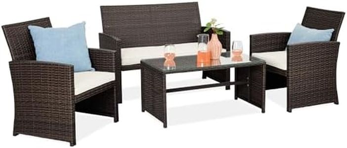 Best Choice Products 4-Piece Outdoor Wicker Patio Conversation Furniture Set for Backyard w/Coffee Table, Seat Cushions - Brown/White Sand