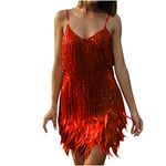 lcziwo Sequins Tassels Flapper Dress for Women 1920's Cocktail Party Fringe Mini Dresses Faux Feather Sexy Dance Dress, Red, X-Large