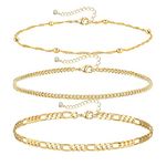 YANODA 3Pcs Gold Ankle Bracelets for Women Dainty 14k Gold Plated Layering Anklets Set Adjustable Fashion Wave Bead Cuban Figaro Link Chain Ankle Bracelet Adjustable Beach Foot Jewelry Gifts for Women