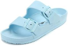 Womens Slides Sandals Double Buckle Adjustable EVA Flat Sandals with Plantar Fasciitis Arch Support Waterproof Slip on Beach Sandal Comfort Non Slip Shower Slide Sky Blue 9