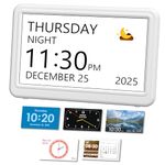 Mesqool 7" Digital Calendar Day Clock for Seniors, Easy-Read Dementia Clock for Elderly with 20 Alarms & Reminders, Auto-Dimming, 12 Themes, 18 Ringtones, Photo Frame, Snooze (White)