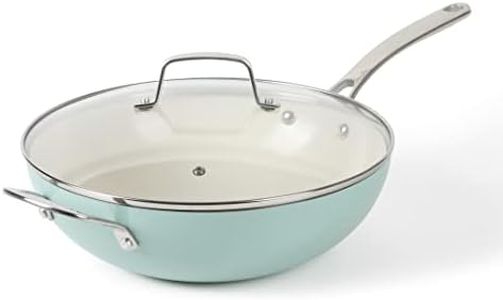 Martha Stewart Lockton 12" Essential Multipurpose Heavy Gauge Aluminum Frypan/Wok Pan w/PFA Free Premium Ceramic Nonstick Interior - Martha Blue