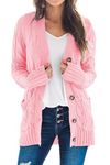 YACUN Women Cable Knit Cardigan Long Sleeve Button Down Sweaters with Pocket Knitwear Pink S