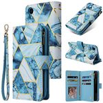 UEEBAI Wallet Case for iPhone XR, Premium Vintage PU Leather Magnetic Closure Handbag Zipper Pocket Case Kickstand Card Slots with Wrist Strap TPU Shockproof Flip Cover for iPhone XR - Marble Blue