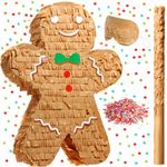 Qeeenar Christmas Gingerbread Man Pinata 16 Inch Gingerbread Pinata with Stick Blindfold and Confetti Pack Christmas Mexican Pinata Bundle for Boys Girls Birthday Xmas Holiday Pinata Game