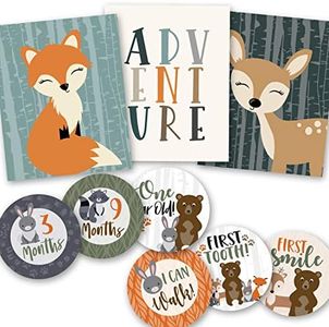 6 Reversible Woodland Wall Decor Prints Nursery Decor, 16 Monthly Baby Milestone Stickers, Baby Shower Decorations, Baby Monthly Milestone Stickers for Baby
