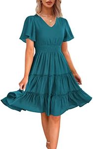 Zattcas Women 2024 Short Sleeve Summer Dress V Neck Smocked Waist Casual Flowy A Line Tiered Work Midi Dresses, Teal