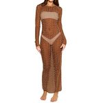 Chloefairy Women's Pearl Cover Up Dress Rhinestone Sheer Mesh Long Maxi Dress Summer Beach Bathing Suit Swimsuit Coverups, Khaki-long Sleeve, Large