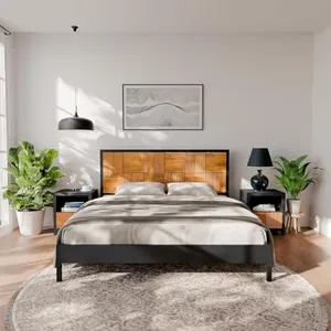 Bme Madia Bed Frame, Mid Century King Bed Frame and Headboard with Unique & Trendy Fluted Pattern, 800lbs Capacity Platform Bed Frame, Solid Acacia Wood Slat Support, Easy Assembly Black Bed Frame