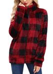 Christmas Women's Sherpa Fleece Fuzzy Fluffy Warm Faux Indoor Full Zip Jacket Coat Sweater with Pocket Buffalo Plaid S