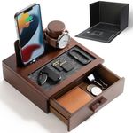 Nightstand Organizer For Men for Dad - Wood Phone Docking Station to Charge Your Phone and Organize Your Watch & Accessories - Wood Charging Station with Lined Tray & Drawer