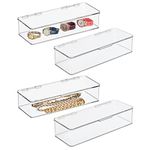 mDesign Long Plastic Closet Storage Organizer Box Containers with Hinged Lid for Bedroom Shelves or Cabinets, Holds Shoes, Shirts, Hats, Belts, Purses, Wallets, and Accessories - 4 Pack - Clear