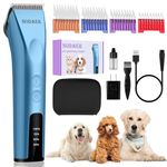 Professional Animal Pet Dog Cat and Horse Cordless Hair Clipper Grooming Kit with 5 in 1 Blade Low Noise & High Power Rechargeable Cordless Pet Grooming Clipper for for Thick Heavy Coats (blue)