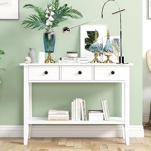 SogesHome 39.4 Inch Console Table with Open Shelf 2-Tier Sofa Table Entryway Table with 3 Drawers Small Vanity Table Narrow Accent Table for Living Room Hallway Entryway, White