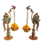 Brass Parrot Diya Oil Lamp Chain Multi Gemstone Work | Home & Office Decor | Gifting Idol, Housewarming etc | Bird Design Diya Stand | Weight - 1.8 Kg, H - 9 inches