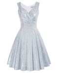 GRACE KARIN Dinner Dance Sequins Dress Vintage Event Cocktail Rockabilly A-line Flared Dress M Sequined Silver White