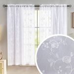 Sheer Curtains White 45 Inches Long Floral Embroidery Rod Pocket Voile Drapes for Living room, Bedroom, Window Treatments Semi Lace Outdoor Curtain Panels for Yard, Kitchen, Villa, Set of 2, 52"x 45".