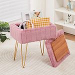 Wimarsbon Faux Mink Fur Storage Ottoman, Modern Soft Footstool, Storage Bench with Metal Legs, Vanity Seat, Fur Stool, Ottoman Coffee Table, Makeup Chair, Vanity Stools for Bedroom (Pink)