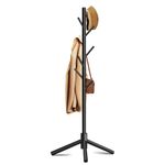 Azaeahom Wooden Coat Rack Stand, Free Standing Coat Rack with 8 Hooks 3 Adjustable Heights for Clothes, Hats, Handbags, Coat Tree Easy Assembly for Entryway, Bedroom, Hallway, Office (New Black)