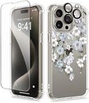 GVIEWIN for iPhone 15 Pro Max Case Floral,with Screen Protector & Camera Lens Protector, Hard PC + TPU Bumper Shockproof Protective Clear Flower Women Phone Cover 6.7"(Pear Blooms/White)