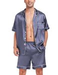 SWOMOG Men Silk Satin Pyjamas Sets Short Sleeve Sleepwear Button-Down PJs Sets Two-Pieces Loungewear with Pockets Deep Grey