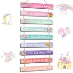 Yookeer Set of 9 Pink Girls Room Decor Aesthetic Unicorn Wall Decors for Girls Teen 11.2 x 27.6" Boho Rainbow Wall Art Signs Inspirational Positive Wood Pastel Wall Art for Bedroom Nursery Room Dorm