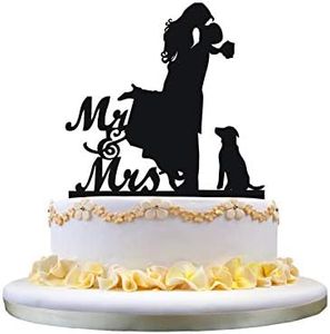 Cake Topper with Dog Pet,Mr & Mrs Bride and Groom Silhouette Funny Wedding Cake Topper