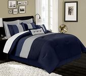 Chezmoi Collection Loft 8-Piece Luxury Striped Comforter Set (Queen, Navy/Gray/Blue)