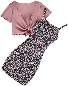 OYOANGLE Girl's 2 Piece Outfits Floral Print Sleeveless Cute Cami Dresses and Short Sleeve Lettuce Trim Tie Front Top Sets Dusty Pink 9Y
