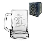 Personalised Engraved Tankard Beer Mug Stein Happy 21st Birthday Handwritten Design Gift Boxed, 16.75oz/495ml Classic Beer Glass, Any Name, Engraved in The UK