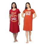 9shines Label Pack of 2 Cotton Knee Length Nighty Chemise | Maxi | Graphic Print Nightdress with Pocket for Women(TP Red X Rani Pink- 3XL)