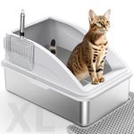 FURTIME Stainless Steel Cat Litter Tray Silver Gray with Detachable Enclosure, 31cm High Sided Cat Litter Box Anti-Spillage&60cm Extra Large Litter Tray with Lid for All Cats, with Litter Scoop & Mat