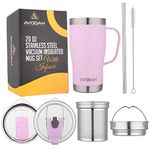 Avodah 20 oz Tea Cup with Infuser and Lid. Tea Infuser Mug with Tea Infuser, Tea Strainer, Two Lids & Straw. Dishwasher Safe Coffee Travel Mug with Tea Accessories for Cold Brew Coffee or Tea (Lilac)