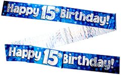 9ft Banner Happy 15th Birthday Blue Holographic