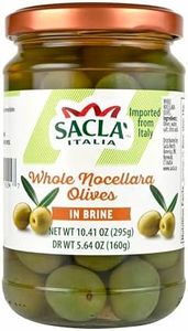 SACLA Whole Nocellara Olives | Italian Green Castelvetrano Olives in Brine | 10.41 oz Glass Jar | Sicilian Variety with Buttery Texture & Mild Flavor | Non-GMO Vegan | Imported from Italy