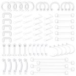 D.Bella 65pcs Mix Style Clear Piercing Retainer Flexible Lip Ear Nose Septum Eyebrow Nipple Tongue Rings Cartilage Tragus Earrings Retainer Bioflex Horseshoe Hoop Industrial Barbell, Bioflex, plastic