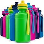 Bulk Water Bottles for Kids - (Pack of 12) 18 oz - 7.5 Inch BPA-Free Plastic Squeeze Sports Bottles with Pop-Up Tops & Handles for Summer, School, Sport Teams, Student Gifts or Birthday Party Favors