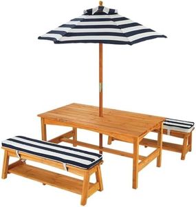 KidKraft Outdoor Wooden Table & Bench Set with Cushions and Umbrella, Kids Backyard Furniture, Navy and White Stripe Fabric