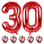 Red Birthday Balloon Numbers 30, 40 Inch Big Foil Mylar Number 3 and 0 Balloons with Red Confetti Latex Helium Balloons Set for Men Women 30th 3rd Birthday Anniversary Party Decorations Supplies