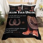 Western Cowboy Horseshoes Kids Duvet Cover Set Single Size,Cowboy Shoes Hat Rustic Farmhouse Bedding Set,Girls Boys Adults Room Decor,Texas Star Tribal Comforter Cover,Retro Quilt Cover,1 Pillowcase