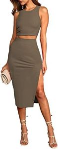 HUUSA Spring Elegant 2 Piece Brunch Dress Outfits for Women Sexy Sleeveles Summer Cocktail Party Skirts Set Round Neck High Waist Slim Tank Dress Deep Khaki L