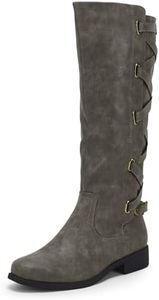 Syktkmx Womens Strappy Motorcycle Knee High Boots Winter Lace Up Riding Flat Low Heel Shoes, Light Grey, Size 10