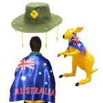 I LOVE FANCY DRESS Australia Day Costume Set - Aussie Flag + Australian Cork Hat w/Yellow Kangaroo Print + Inflatable Yellow Kangaroo