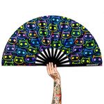 Raveahem UV Glow Rave Fan, Bamboo Folding Clack Hand Fan for Men Women (Cute Cat, Large 13")