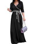 FANDEE Maxi Dress for Women 3/4 Sleeve Casual Maxi Dresses V Neck Wrap Semi-Formal Church Dress with Pocket&Belt, Black, 3XL