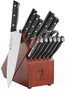 HENCKELS Everedge Dynamic 14 Piece Serrated Stainless Steel Knife Block Set - Professional Cutlery Set, Knives for Chopping, Slicing, Dicing & Cutting, Dishwasher Safe, Rubberwood in Brown