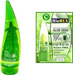 BioRLX 99% Purity Aloe Vera Gel with Collagen and Hyaluronic Acid for Face, Body and Hair & Soothing, Moisture, Sun Burns, Anti Wrinkle, Anti Aging, Razor Bumps, Dry Skin (250ml Aloe Vera + Color Free Lip Balm, Eco Pack)