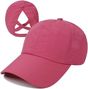 HGGE Womens Criss Cross Ponytail Baseball Cap Adjustable High Messy Bun Ponycap Quick Drying Hat, Rose Red, One Size