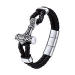 Bestyle Vintage Stainless Steel Thor's Hammer Leather Cord Braided Bracelets Men Cool Viking Amulet Wrap Bracelets with Magnetic Clasp, Adjustbale Size 20-21cm