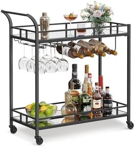 VASAGLE Bar Cart Black, Home Bar Serving Cart, Wine Cart with 2 Mirrored Shelves, Wine Holders, Glass Holders, for Kitchen, Dining Room, Black ULRC090B62